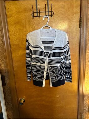 LOFT White and Black Striped Button-Up Cardigan